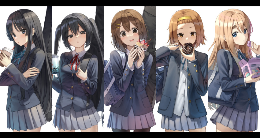 5girls, :o, akiyama_mio, bag, bangs, black_eyes, black_hair, black_jacket