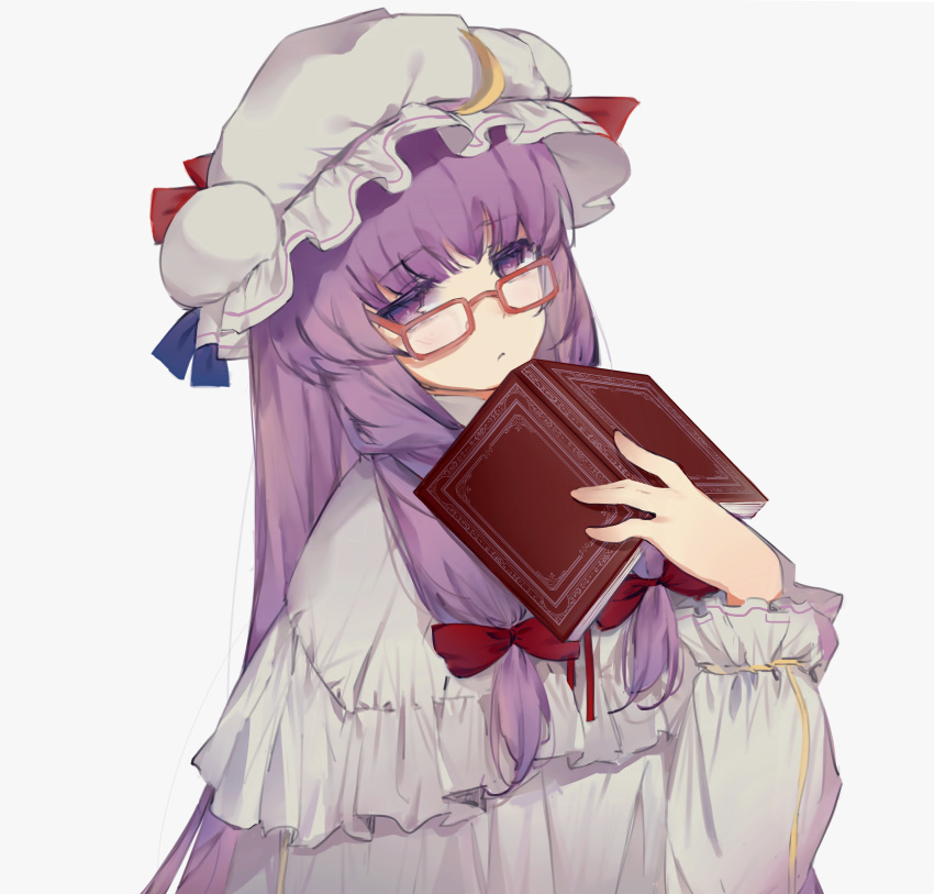 1girl, :<, \||/, absurdres, bangs, bespectacled, blue_ribbon, blunt_bangs, blush, book, bow, closed_mouth, commentary, crescent, crescent_hat_ornament, dress, eyebrows_visible_through_hair, frilled_sleeves, frills, glasses, hair_bow, hands, hat, hat_ornament, hat_ribbon, highres, holding, holding_book, long_hair, long_sleeves, looking_at_viewer, mob_cap, open_book, patchouli_knowledge, purple_hair, red-framed_eyewear, red_bow, red_ribbon, ribbon, sidelocks, simple_background, sketch, solo, touhou, upper_body, very_long_hair, violet_eyes, white_background, white_dress, white_headwear, yuishironeko