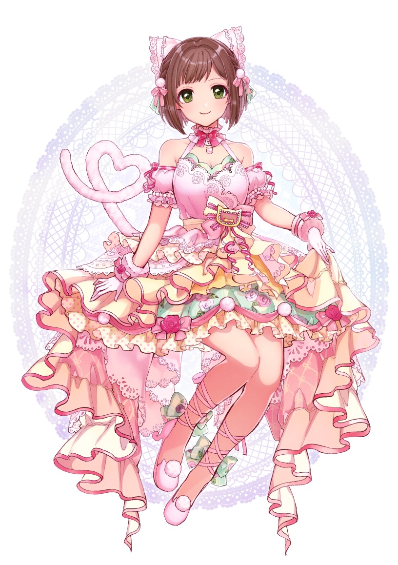 1girl, ankle_lace-up, bintaptyo, brown_hair, choker, circle, detached_sleeves, dress, frilled_choker, frilled_dress, frills, full_body, green_eyes, hair_intakes, heart, heart_tail, idol, idolmaster, idolmaster_cinderella_girls, lace-trimmed_hairband, lace_trim, looking_at_viewer, maekawa_miku, patterned_background, pink_dress, pink_footwear, short_hair, smile, solo, tail, white_background
