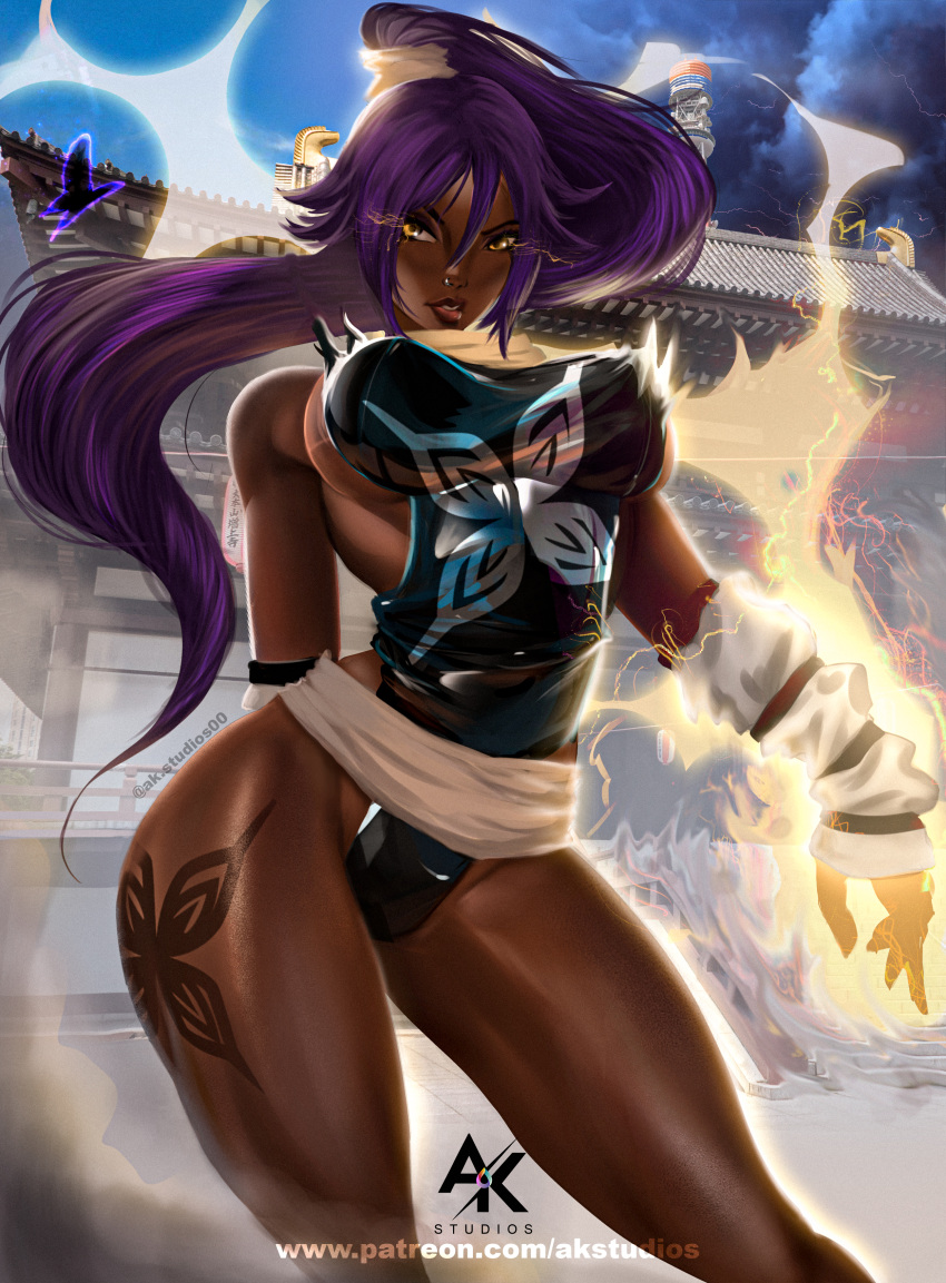 1girl, absurdres, akstudios, architecture, artist_name, bare_shoulders, black_leotard, bleach