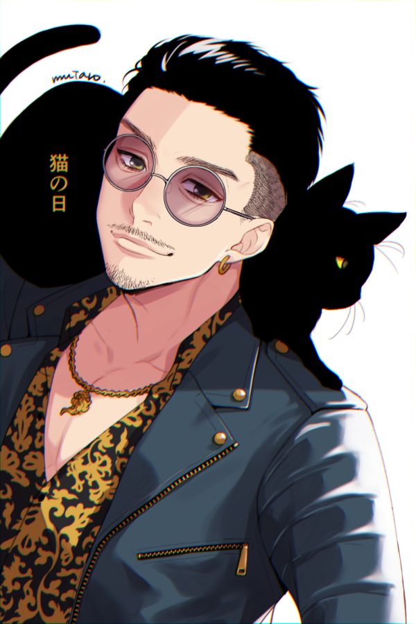 1boy, animal_on_shoulder, black_cat, black_hair, black_jacket, breast_pocket, cat, cat_on_shoulder