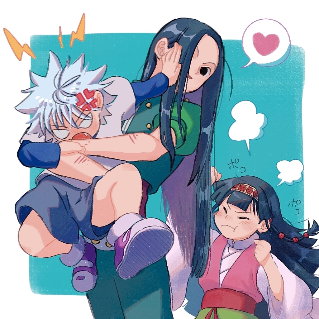 alluka_zoldyck, anger_vein, annoyed, black_eyes, black_hair, brother_and_sister, brothers, hug
