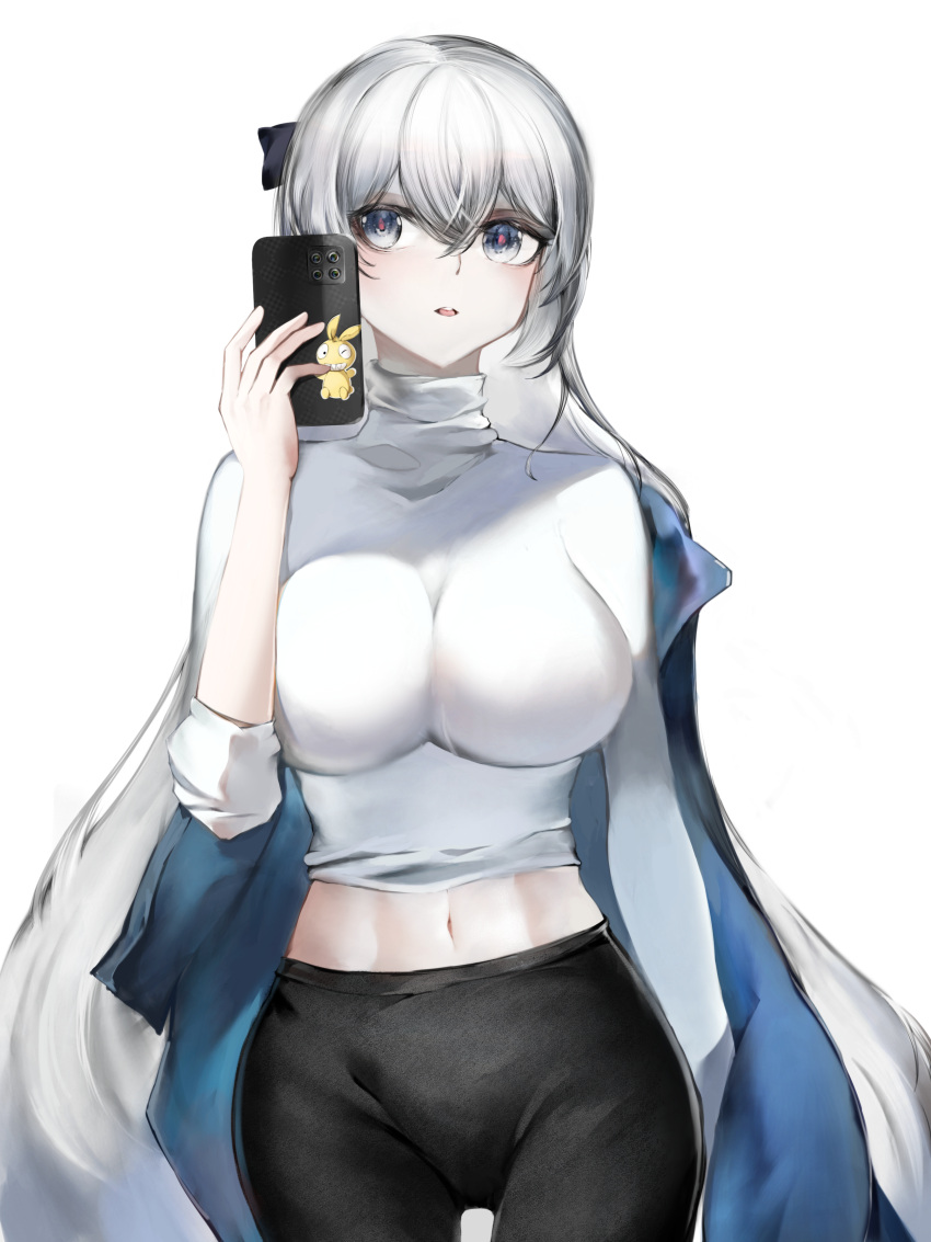 1girl, absurdres, bangs, black_pants, breasts, bronya_zaychik, bronya_zaychik_(silverwing:_n-ex), cellphone, character_request, chinese_commentary, commentary_request, copyright_request, cowboy_shot, grey_eyes, hair_between_eyes, hand_up, highres, holding, holding_phone, honkai_(series), honkai_impact_3rd, kailu_(kyshiro), large_breasts, long_hair, looking_at_viewer, midriff, navel, pants, parted_lips, phone, silver_hair, simple_background, smartphone, solo, standing, sweater, turtleneck, turtleneck_sweater, very_long_hair, white_background, white_sweater