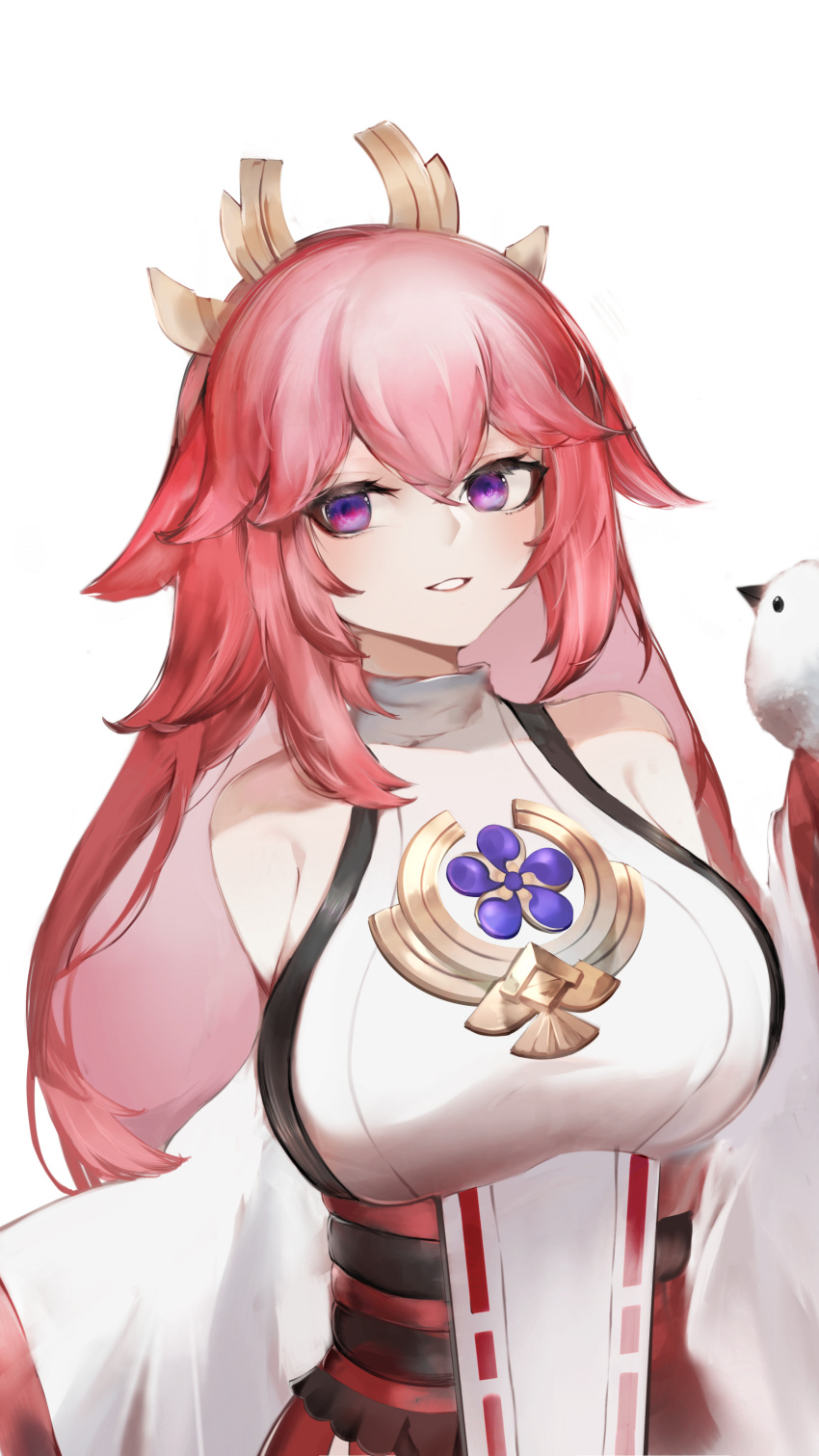 1girl, absurdres, bangs, bare_shoulders, bird, blush, breasts, chinese_commentary, commentary_request, detached_sleeves, genshin_impact, grin, hair_between_eyes, hair_flaps, highres, kailu_(kyshiro), large_breasts, long_hair, long_sleeves, looking_at_viewer, parted_lips, pink_hair, shirt, simple_background, smile, solo, upper_body, violet_eyes, white_background, white_shirt, wide_sleeves, yae_miko