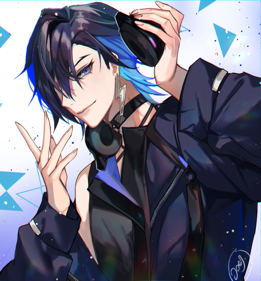 1boy, absurdres, black_hair, blue_eyes, blue_hair, headphones, highres, jacket