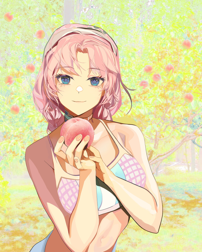 1girl, absurdres, arknights, bangs, bare_arms, bare_shoulders, blue_eyes, blue_poison_(arknights), blue_poison_(shoal_beat)_(arknights), breasts, chinese_commentary, choker, commentary_request, crop_top, eyebrows_visible_through_hair, food, fruit, hairband, hands_up, highres, holding, holding_food, holding_fruit, ken_(1057168252), long_hair, looking_at_viewer, midriff, peach, pink_choker, pink_hair, small_breasts, smile, solo, spaghetti_strap, sports_bra, stomach, upper_body