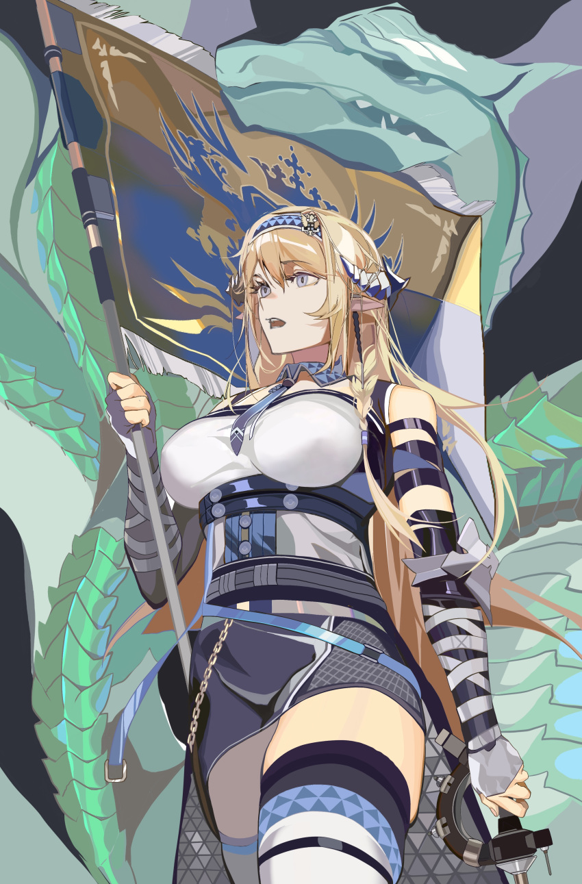 1girl, absurdres, arknights, bangs, bare_shoulders, belt, black_skirt, blonde_hair