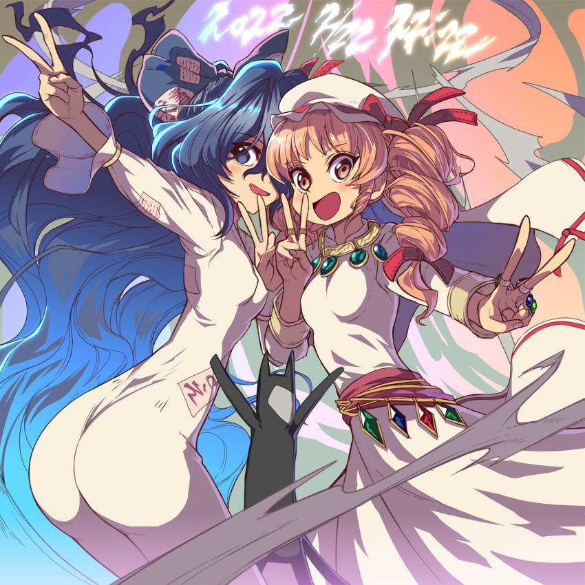 2girls, blue_bow, blue_eyes, blue_hair, blush, bow, brown_eyes, dress