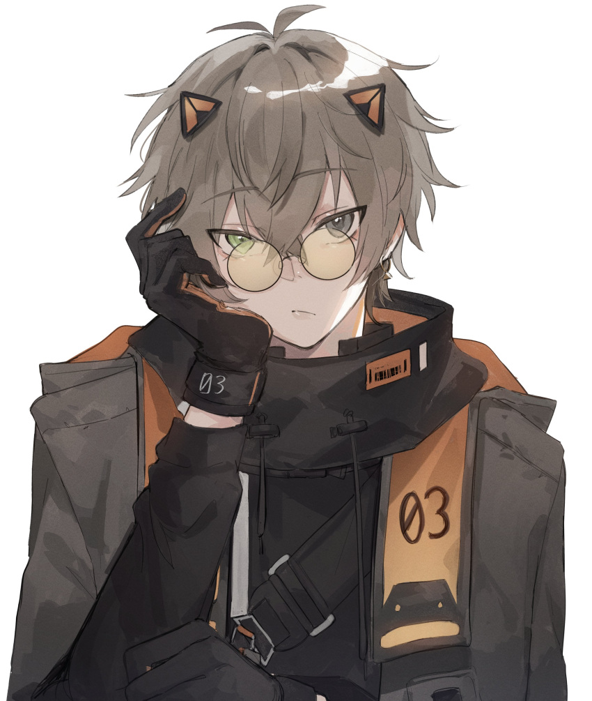 1boy, absurdres, alban_knox, animal_ears, brown_hair, cat_ears, earrings, fake_animal_ears, gloves, green_eyes, grey_eyes, head_rest, heterochromia, highres, jacket, jewelry, kota_tsumi, long_sleeves, looking_at_viewer, male_focus, nijisanji, nijisanji_en, pale_skin, solo