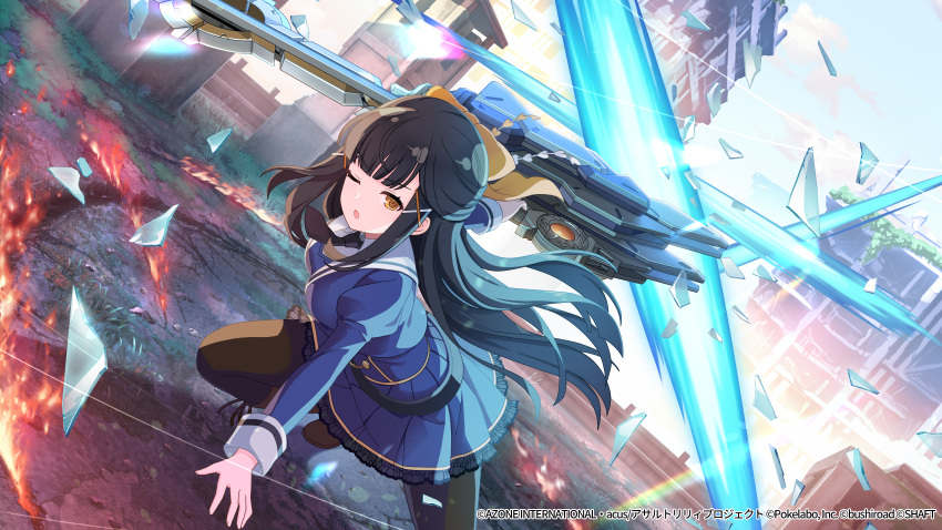 1girl, :o, ankle_boots, artist_request, assault_lily, bangs, black_hair, black_necktie, blue_jacket, blue_skirt, blue_sky, blunt_bangs, boots, bow, breasts, brown_bow, brown_footwear, brown_legwear, building, day, dutch_angle, energy, eyebrows_visible_through_hair, fire, glass_shards, grass, hair_bow, hair_ornament, half_updo, hand_on_ground, hand_up, highres, holding, holding_weapon, jacket, juliet_sleeves, leaning_forward, lens_flare, long_hair, long_sleeves, looking_at_viewer, medium_breasts, miniskirt, necktie, official_art, one_eye_closed, outdoors, outstretched_arm, pantyhose, parted_lips, pleated_skirt, puffy_sleeves, ruins, school_uniform, short_necktie, sidelocks, skirt, sky, solo, spread_legs, squatting, town, tsukioka_momiji, watermark, weapon, x_hair_ornament, yellow_eyes