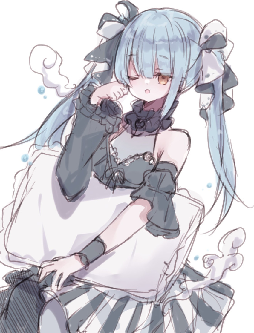 1girl, blue_hair, bow, brown_eyes, ceumeer, cxoxrxu, dress, hair_bow, highres, indie_virtual_youtuber, long_hair, one_eye_closed, pale_skin, rubbing_eyes, sleepy, twintails, virtual_youtuber