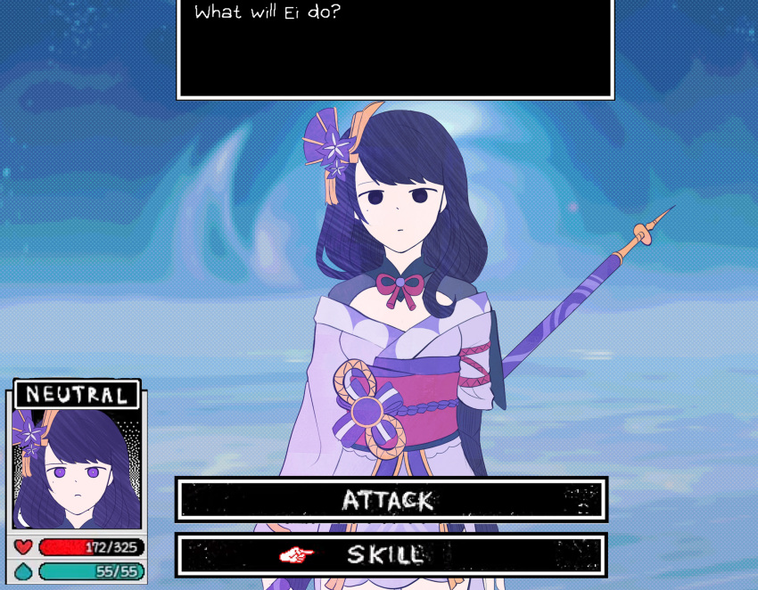 2girls, black_eyes, bobamiruku, closed_mouth, expressionless, eyebrows, fake_screenshot, genshin_impact
