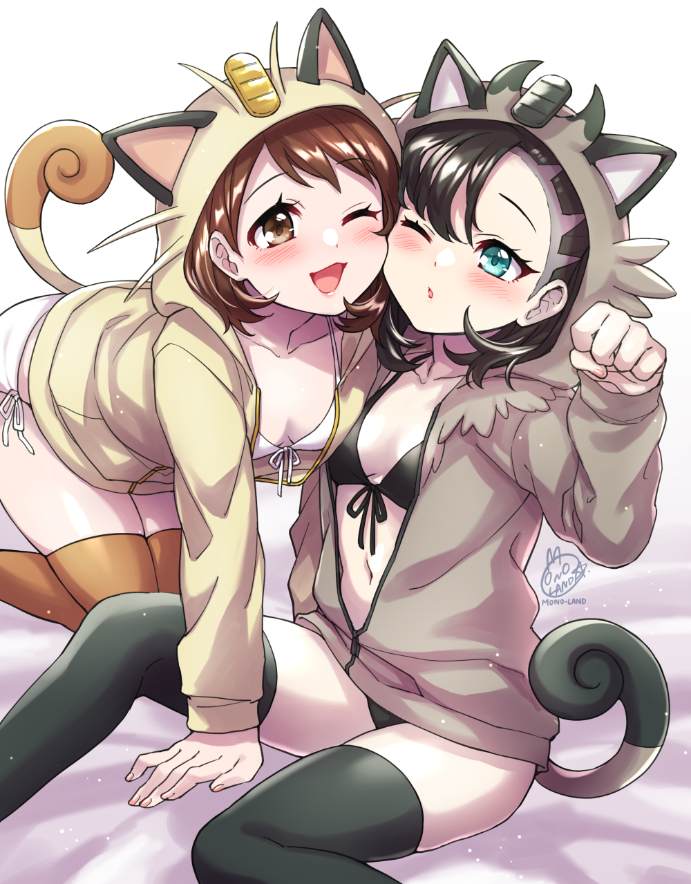 2girls, ;d, all_fours, animal_ears, animal_hood, asymmetrical_bangs, bangs, bed_sheet, bikini, black_bikini, black_hair, black_legwear, blue_eyes, blush, breasts, brown_eyes, brown_hair, brown_jacket, brown_legwear, cat_day, cat_ears, cat_hood, cat_tail, cheek_press, collarbone, commentary_request, cosplay, eyebrows_visible_through_hair, feet_out_of_frame, front-tie_bikini, front-tie_top, gloria_(pokemon), hair_between_eyes, highres, hood, hood_up, hooded_jacket, jacket, long_sleeves, marnie_(pokemon), meowth, meowth_(cosplay), mono_land, multiple_girls, one_eye_closed, parted_lips, paw_pose, pokemon, pokemon_(game), pokemon_swsh, side-tie_bikini, signature, small_breasts, smile, swimsuit, tail, thigh-highs, white_bikini, yuri