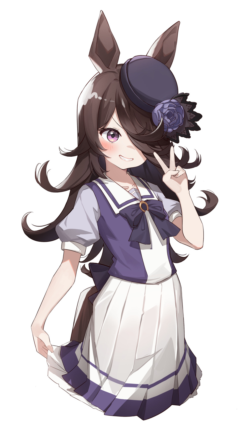 1girl, absurdres, animal_ears, blue_flower, blue_headwear, blue_rose, blush, bow