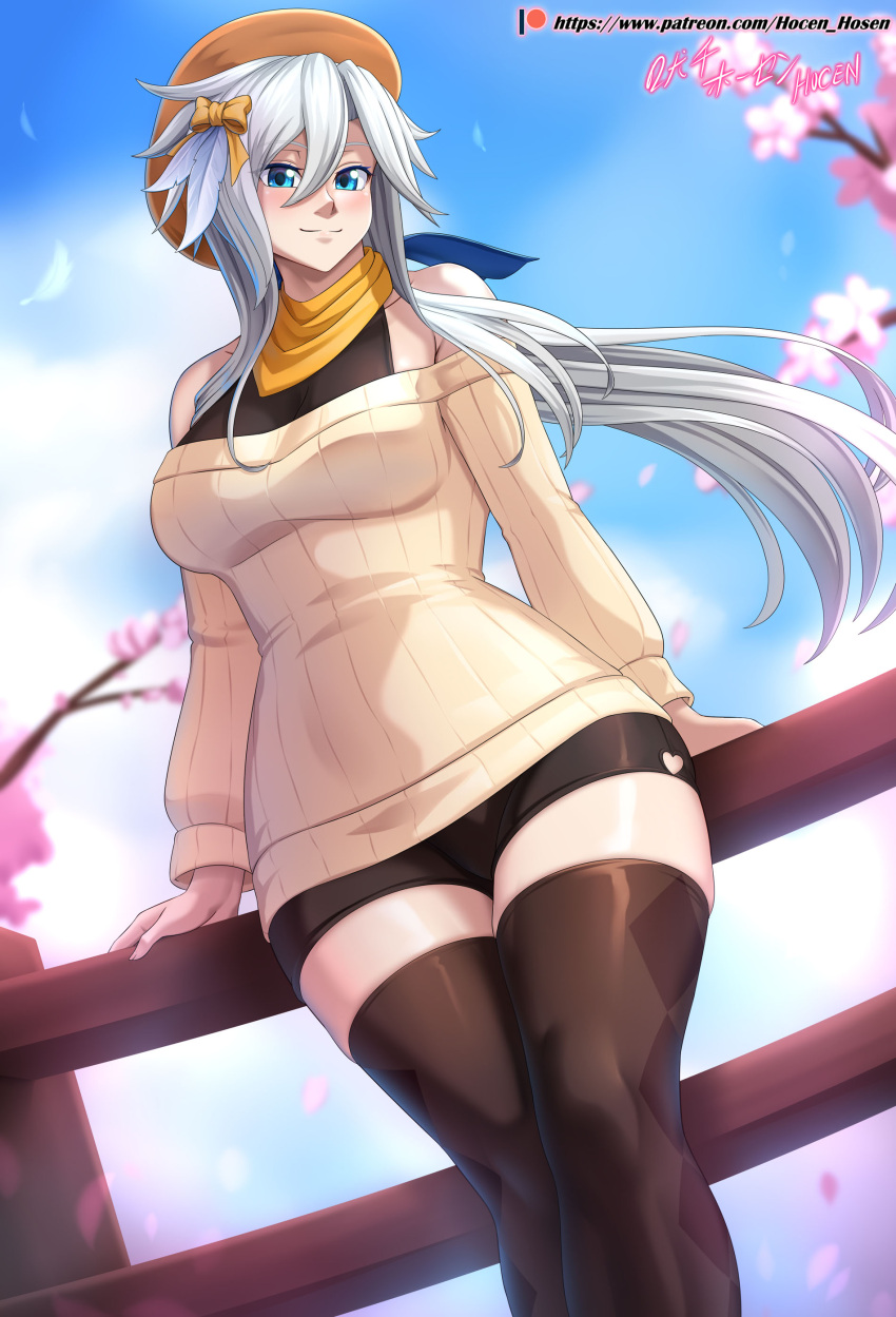 1girl, absurdres, bare_shoulders, blue_eyes, brave_frontier, cherry_blossoms, highres, looking_at_viewer, scarf, sefia, shorts, sweater, thigh-highs, thighs, vilde_loh_hocen, white_hair