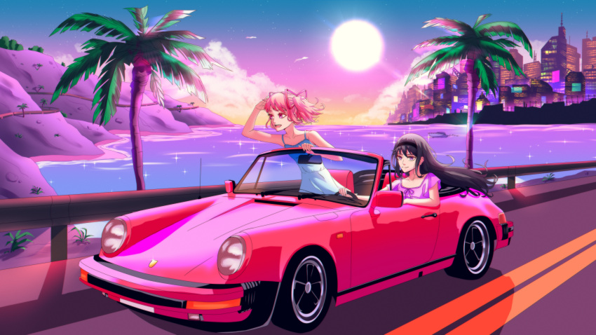 2girls, :d, adjusting_hair, akemi_homura, bare_shoulders, beach, black_hair, black_hairband, blue_dress, blue_skirt, building, car, city, clouds, collarbone, commentary, convertible, dress, driving, english_commentary, floating_hair, ground_vehicle, guard_rail, hair_ribbon, hairband, highres, horizon, kaname_madoka, kyonamu, long_hair, looking_away, mahou_shoujo_madoka_magica, motor_vehicle, mountain, multiple_girls, neon_lights, ocean, outrun, palm_tree, pink_eyes, pink_hair, porsche, porsche_911, purple_dress, red_ribbon, ribbon, road, short_hair, short_twintails, sitting, skirt, skyscraper, smile, standing, sundress, sunlight, tree, twintails, vaporwave, violet_eyes