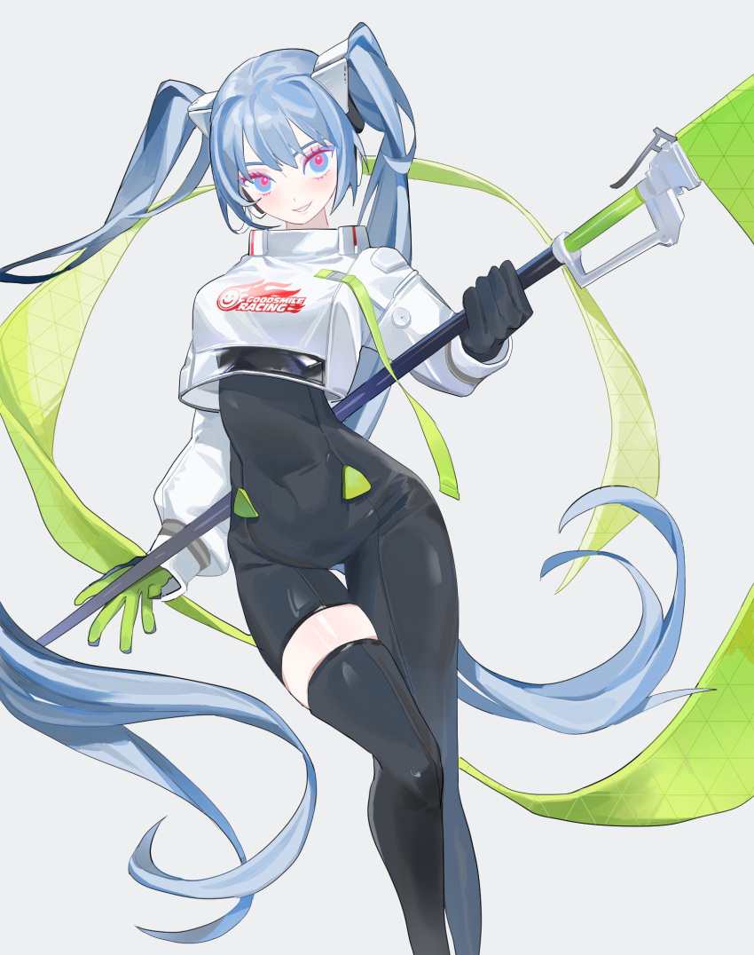 1girl, asymmetrical_legwear, bizarre_cuco, black_bodysuit, black_gloves, black_legwear, blue_eyes, blue_hair, bodysuit, commentary, contrapposto, crop_top, crop_top_overhang, cropped_jacket, feet_out_of_frame, flag, flagpole, flame_print, gloves, goodsmile_racing, green_gloves, grey_background, hair_ornament, hatsune_miku, highres, holding, holding_pole, jacket, logo, long_hair, multicolored_eyes, parted_lips, pole, racing_miku, racing_miku_(2022), red_eyes, ringed_eyes, single_thighhigh, smile, smiley_face, solo, thigh-highs, thigh_gap, twintails, very_long_hair, vocaloid, white_jacket