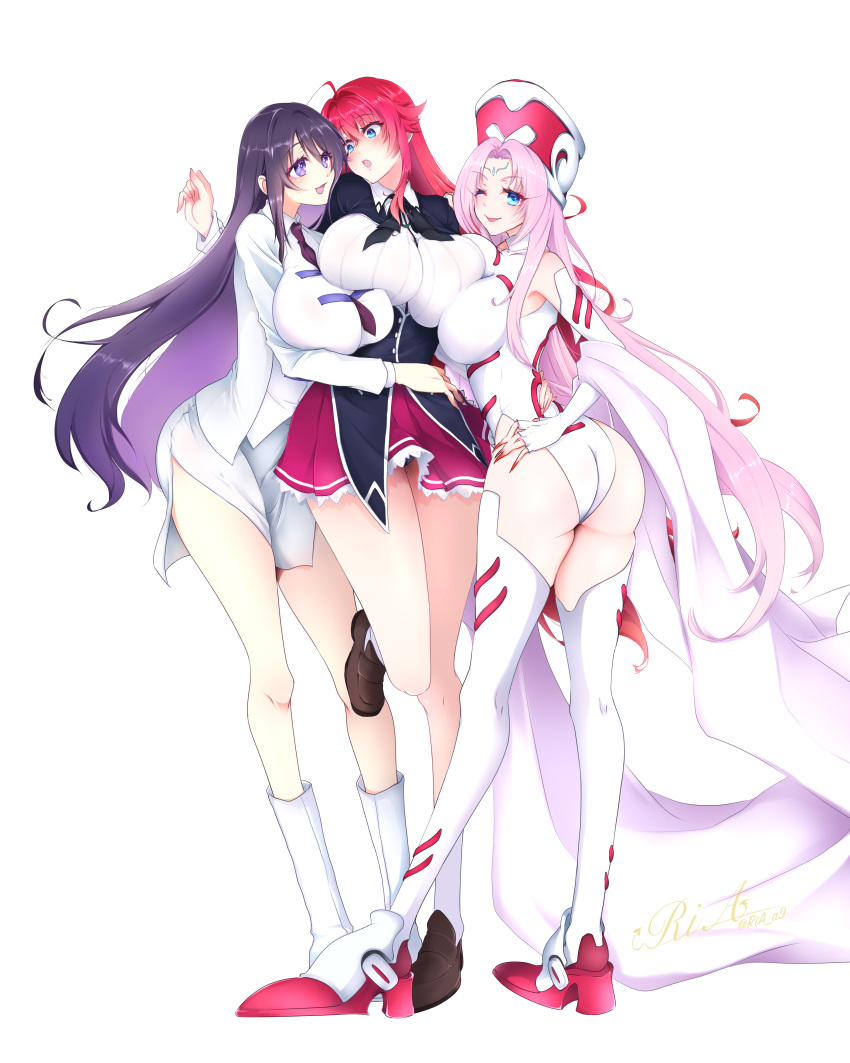 3girls, absurdres, ahoge, aqua_eyes, ass, bare_shoulders, blue_eyes, boots