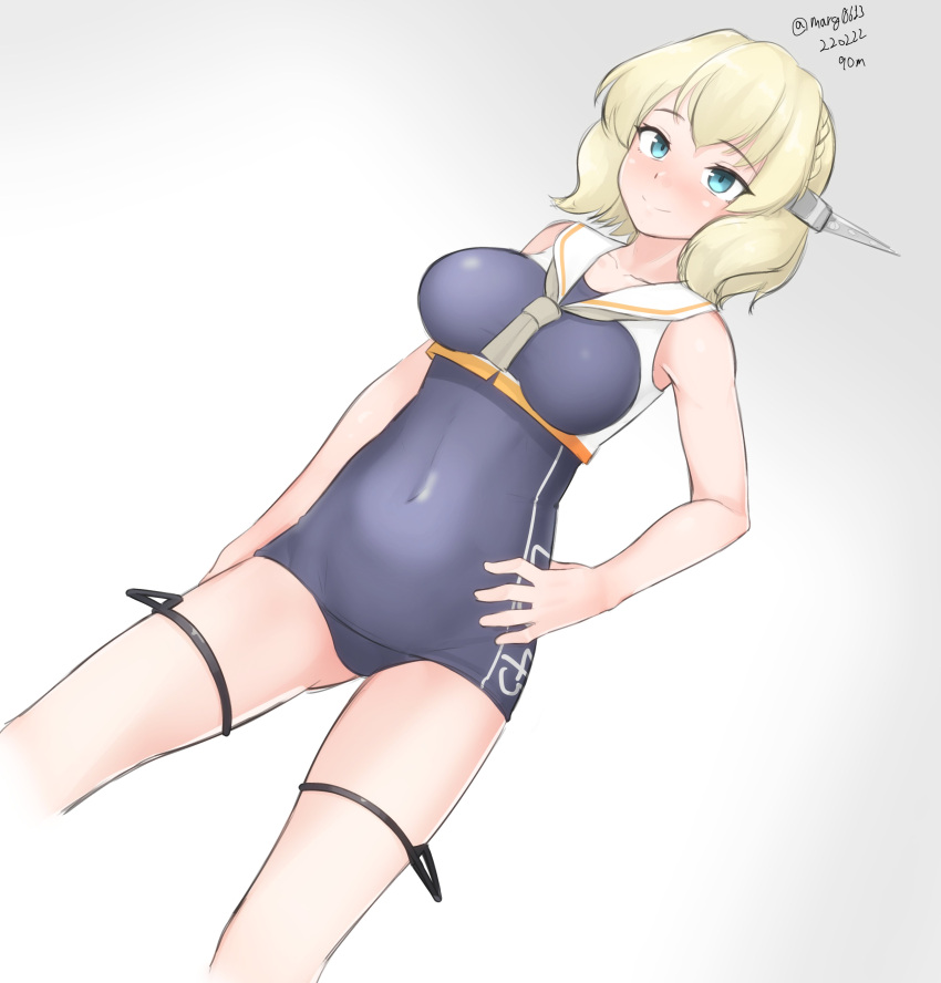 1girl, absurdres, black_swimsuit, blonde_hair, blue_eyes, braid, breast_cutout, breasts