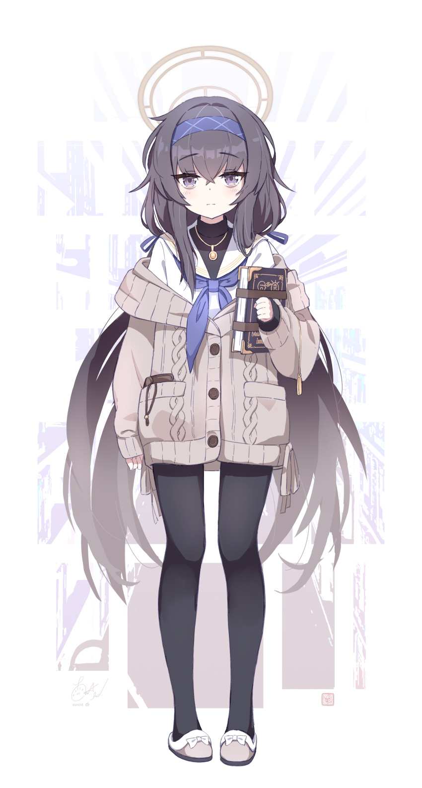 1girl, absurdres, black_hair, black_legwear, blue_archive, blush, book, commentary_request