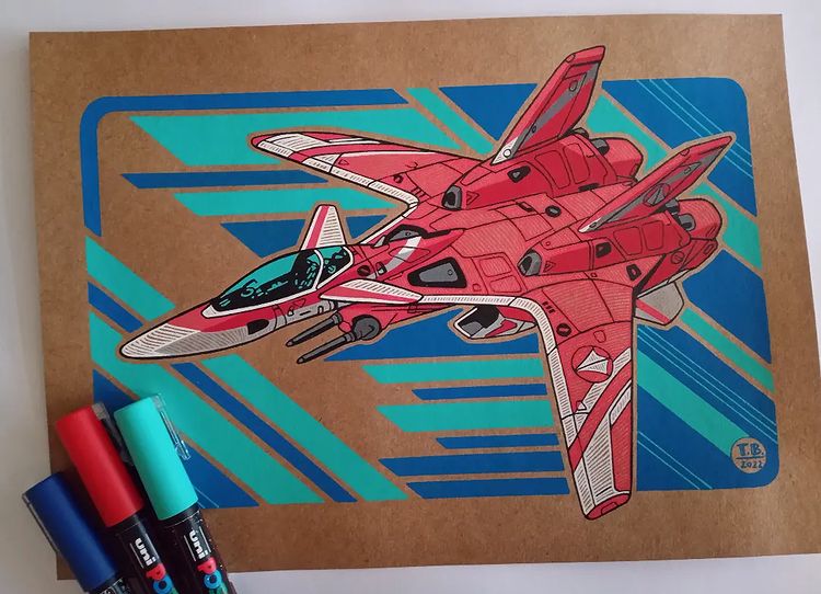 2022, aircraft, airplane, canopy_(aircraft), fighter_jet, jet, macross, macross_m3, marker, marker_(medium), mecha, military, military_vehicle, no_humans, photo_(medium), science_fiction, solo, teresa_buongiorno, traditional_media, variable_fighter, vf-9