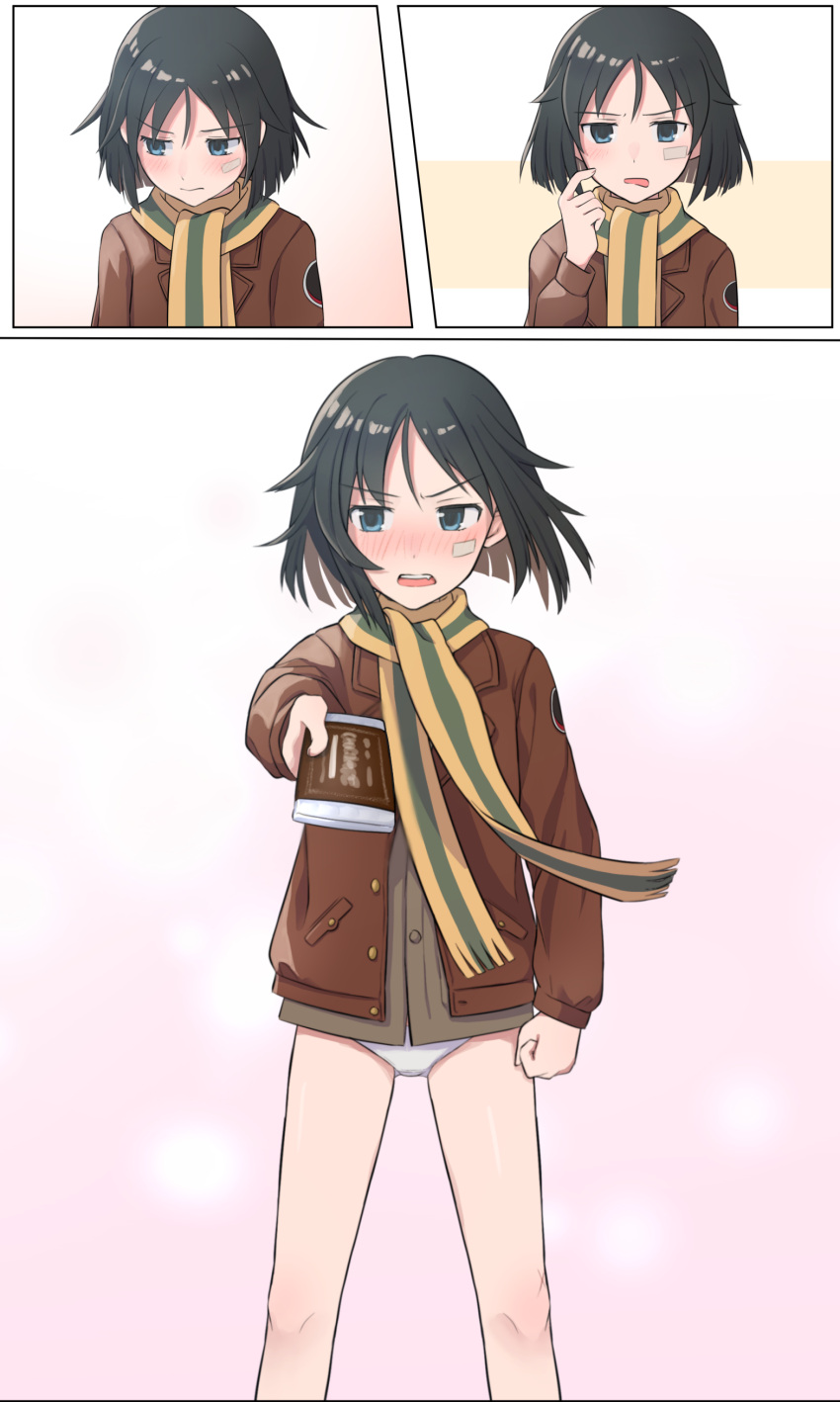 1girl, absurdres, bandaid, bandaid_on_face, black_hair, blue_eyes, blush, box