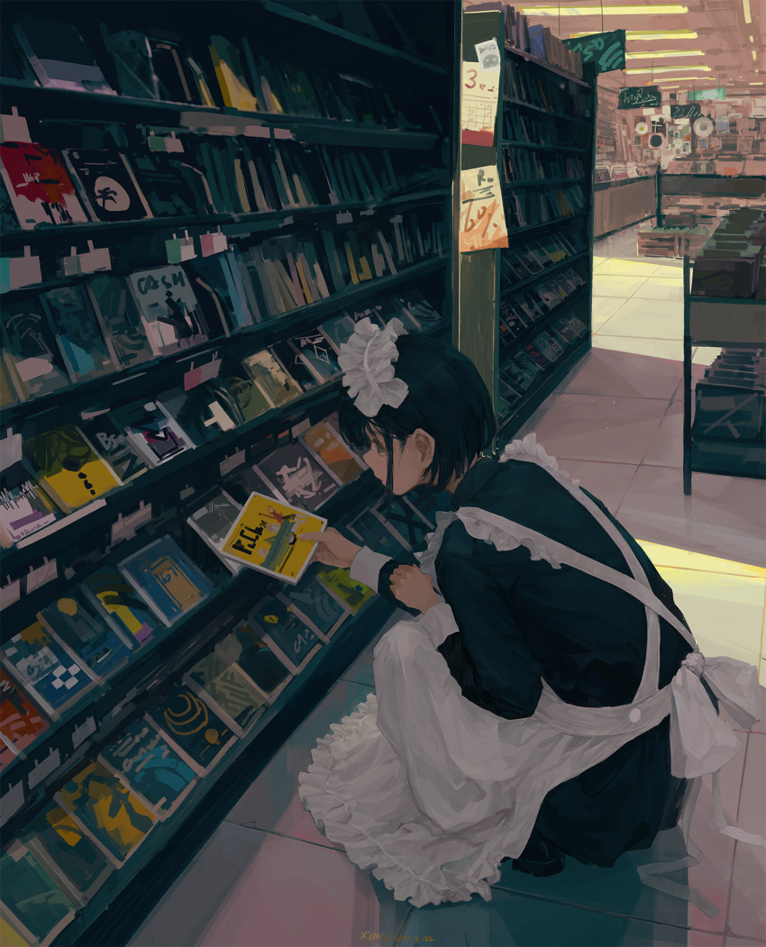 1girl, apron, back, black_footwear, black_hair, blue_eyes, calendar_(object), cd_case