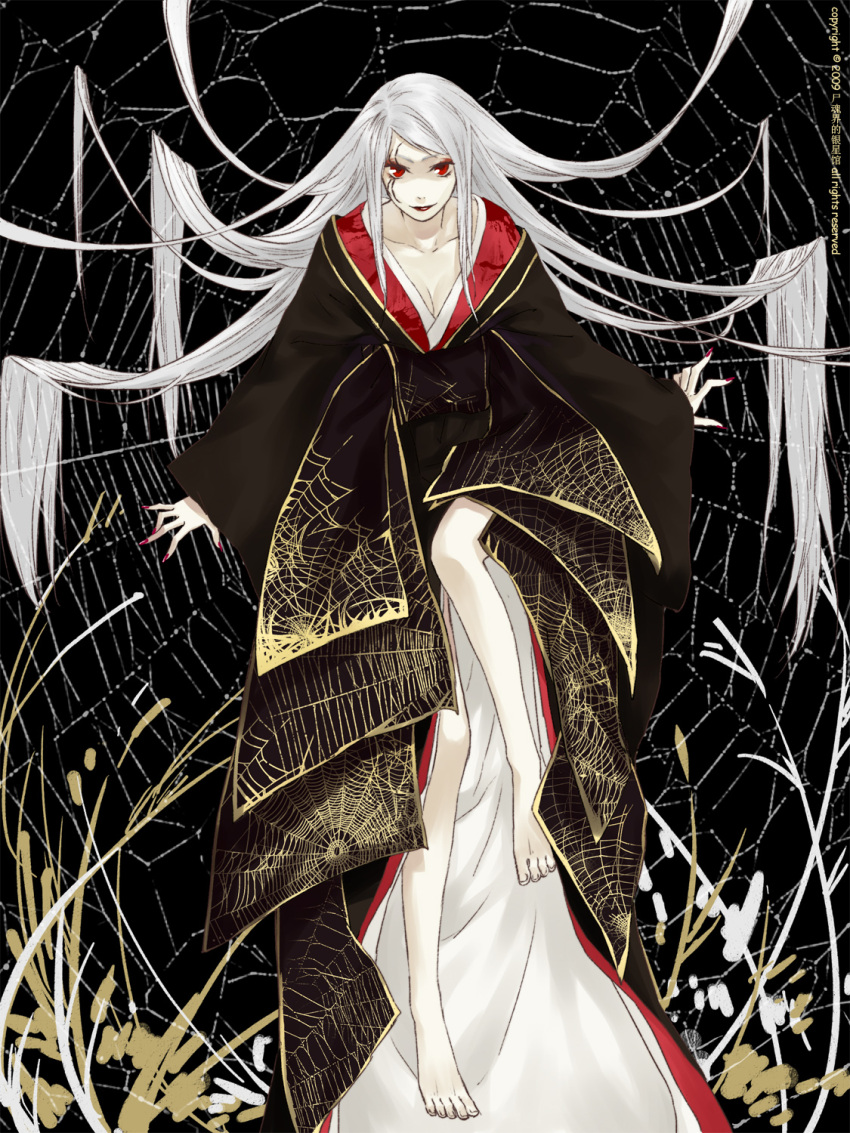black_background, kimono, pale_skin, psd, red_eyes, spiderweb, tagme, white_hair