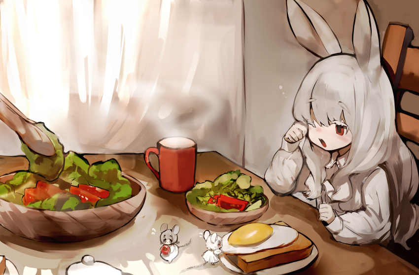 3girls, albino, animal_ears, cup, dress, eyebrows_visible_through_hair, food, fork