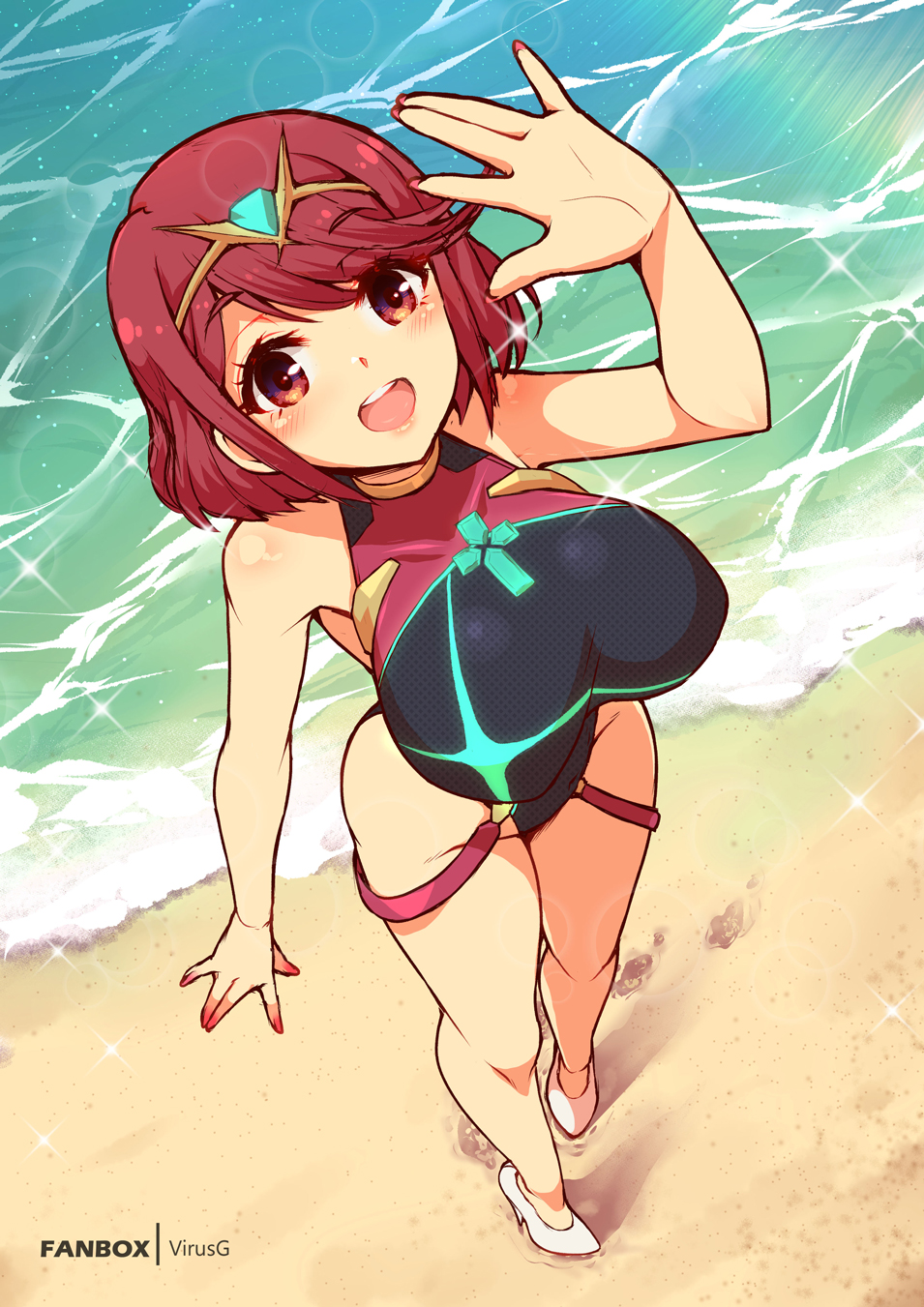 bangs, bikini, black_swimsuit, breasts, chest_jewel, competition_swimsuit, covered_collarbone, covered_navel