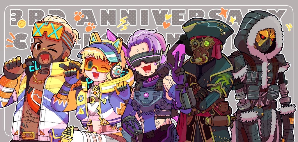 1non-binary, 2boys, 2girls, air_orchid_valkyrie, apex_legends, ariga_(22pudding22), bloodhound_(apex_legends), blue_jacket