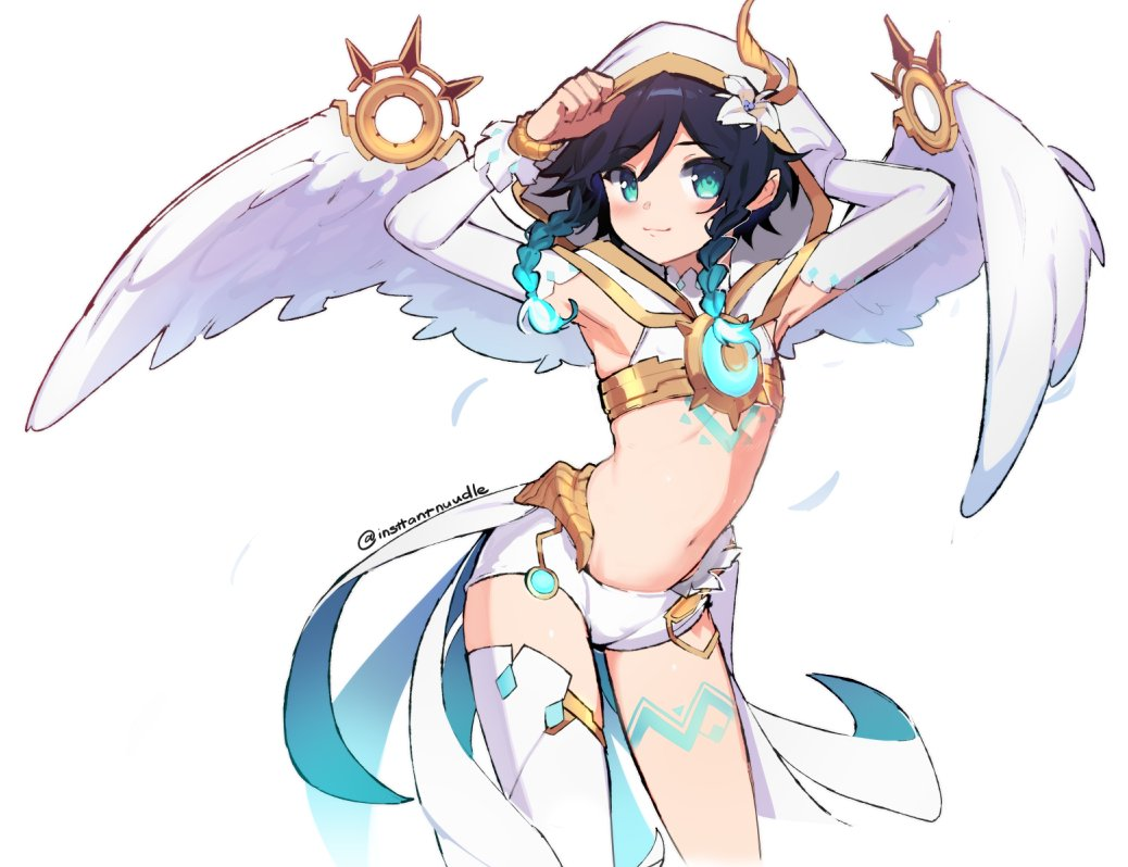 1boy, alternate_costume, androgynous, bangs, black_hair, blue_hair, blush, braid