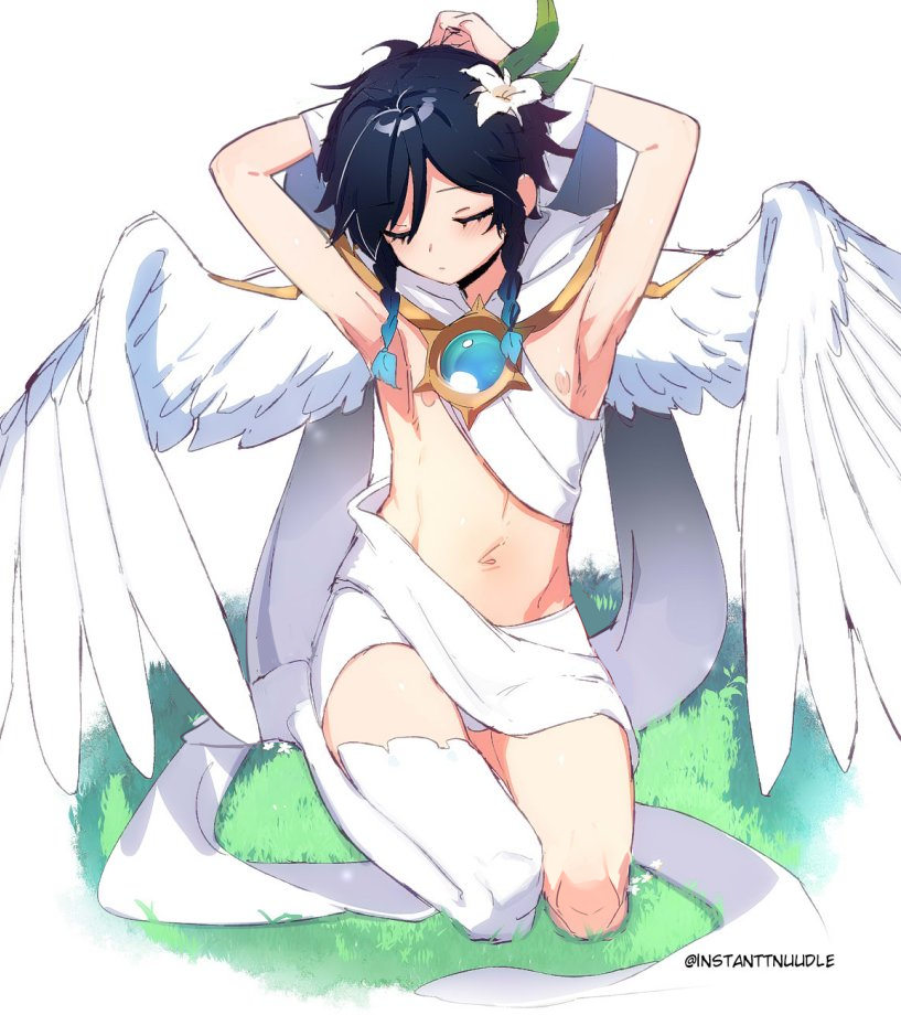 1boy, bangs, black_hair, blue_hair, braid, closed_eyes, commentary, english_commentary, feathered_wings, flower, genshin_impact, gradient_hair, grass, hair_flower, hair_ornament, instanttnoodle, male_focus, multicolored_hair, navel, official_alternate_costume, short_hair_with_long_locks, single_thighhigh, solo, thigh-highs, twin_braids, venti_(genshin_impact), white_background, white_flower, white_wings, wings