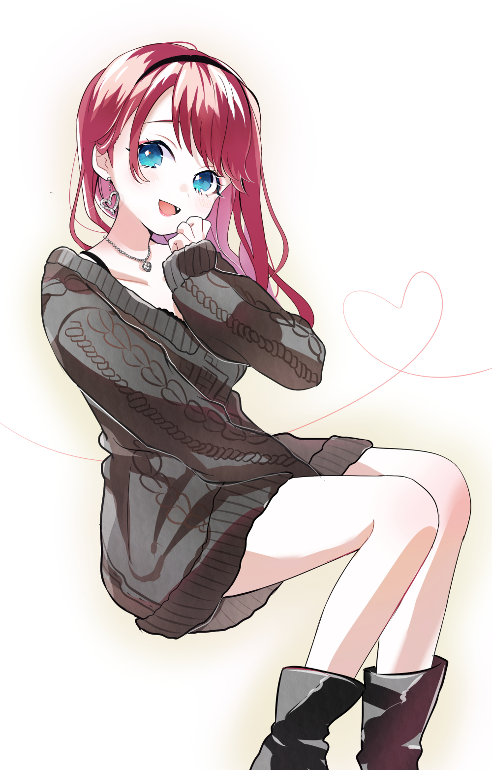 1girl, 299_(horisso), aran_sweater, asahina_akane_(nijisanji), bangs, between_legs, black_bra, black_footwear