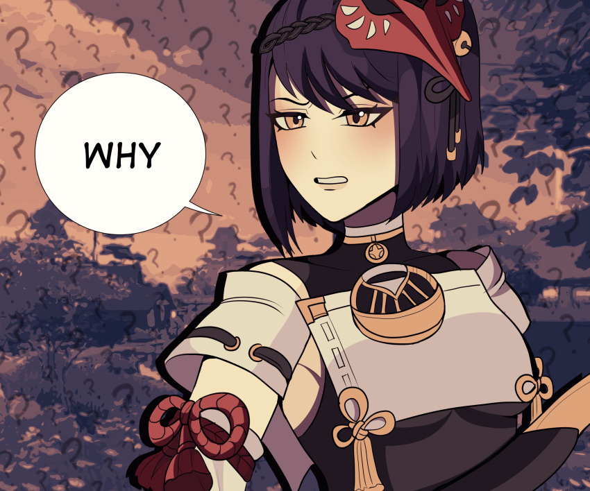 1girl, ?, absurdres, annoyed, black_hair, bobamiruku, breasts, brown_eyes