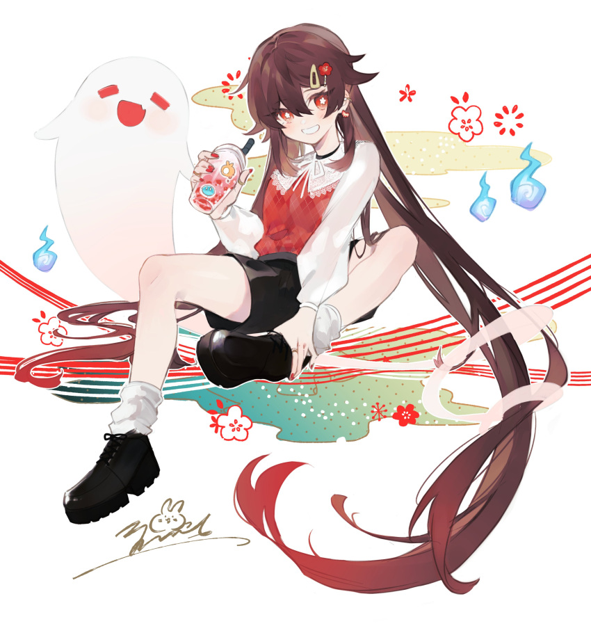 1girl, absurdres, black_shorts, blouse, brown_hair, casual, cup, drinking_straw