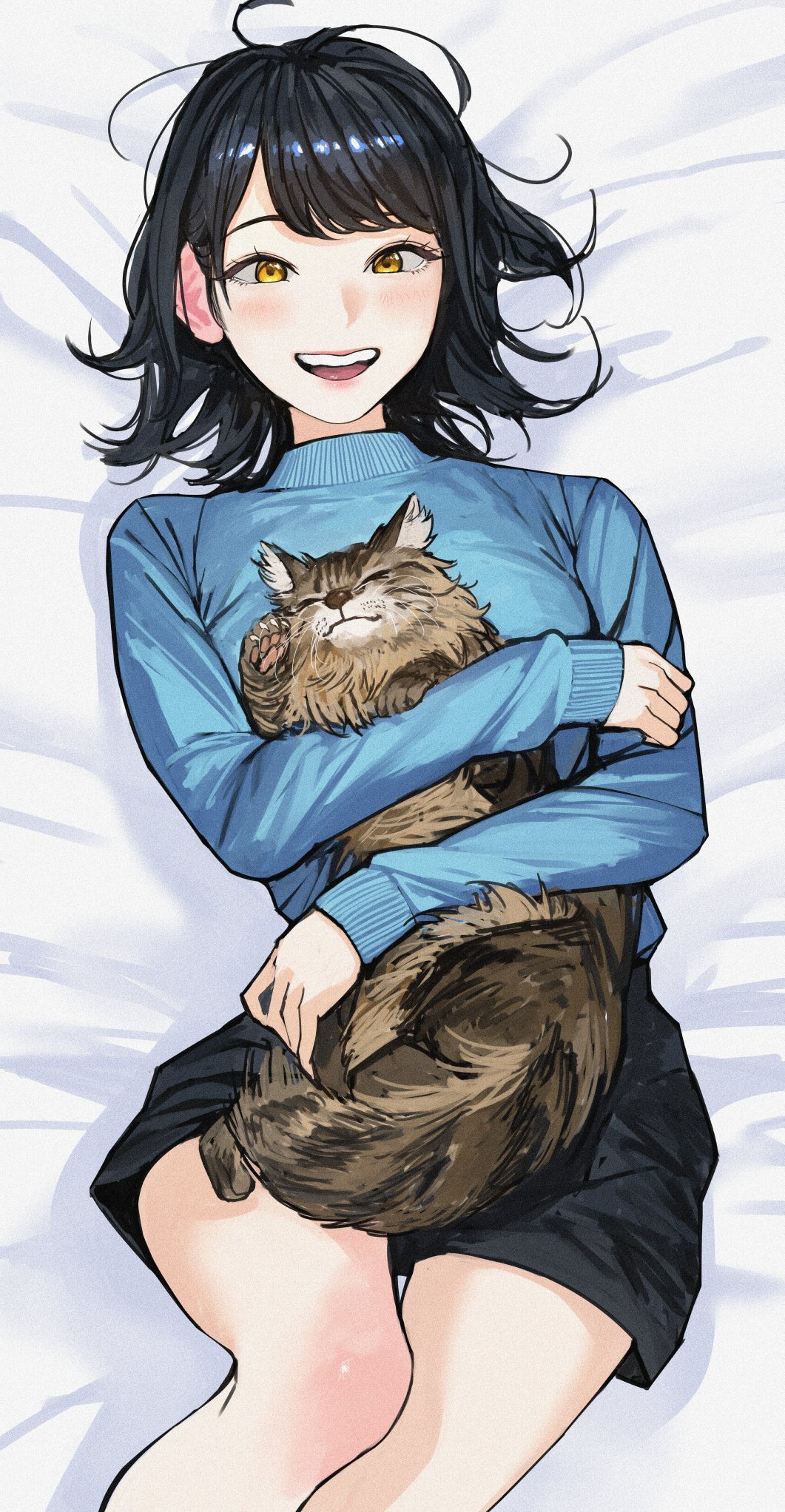 1girl, animal, black_hair, black_shorts, blue_sweater, cat, colored_eyelashes, commentary_request, feet_out_of_frame, highres, holding, holding_animal, holding_cat, long_sleeves, looking_at_viewer, lying, nzenzenzenze, on_back, on_bed, open_mouth, original, short_hair, shorts, sleeves_past_wrists, smile, solo, sweater, teeth, upper_teeth, yellow_eyes