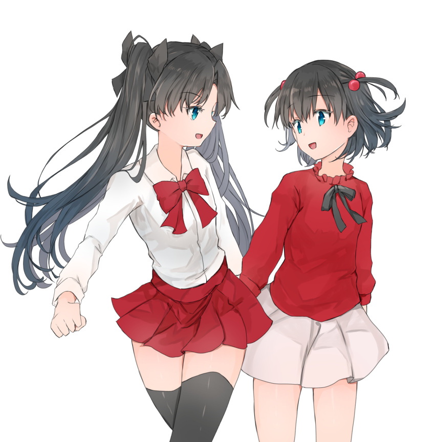 2girls, ameshiki, black_hair, blue_eyes, fate/stay_night, fate/zero, fate_(series), highres, legs, long_hair, matou_sakura, miniskirt, multiple_girls, red_shirt, red_skirt, shirt, skirt, smile, thighs, tohsaka_rin, tohsaka_sakura, twintails, white_shirt, white_skirt