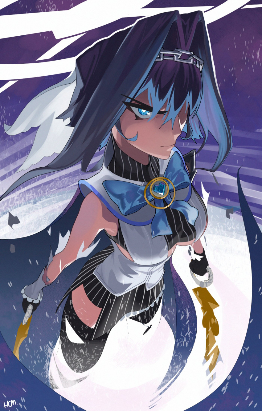1girl, black_gloves, black_skirt, blue_bow, blue_eyes, blue_hair, bow, breasts, chain, dual_wielding, from_above, gloves, hair_intakes, hairband, hechium, highres, holding, holding_sword, holding_weapon, hololive, hololive_english, large_breasts, looking_at_viewer, ouro_kronii, short_hair, skirt, solo, sword, v-shaped_eyebrows, weapon