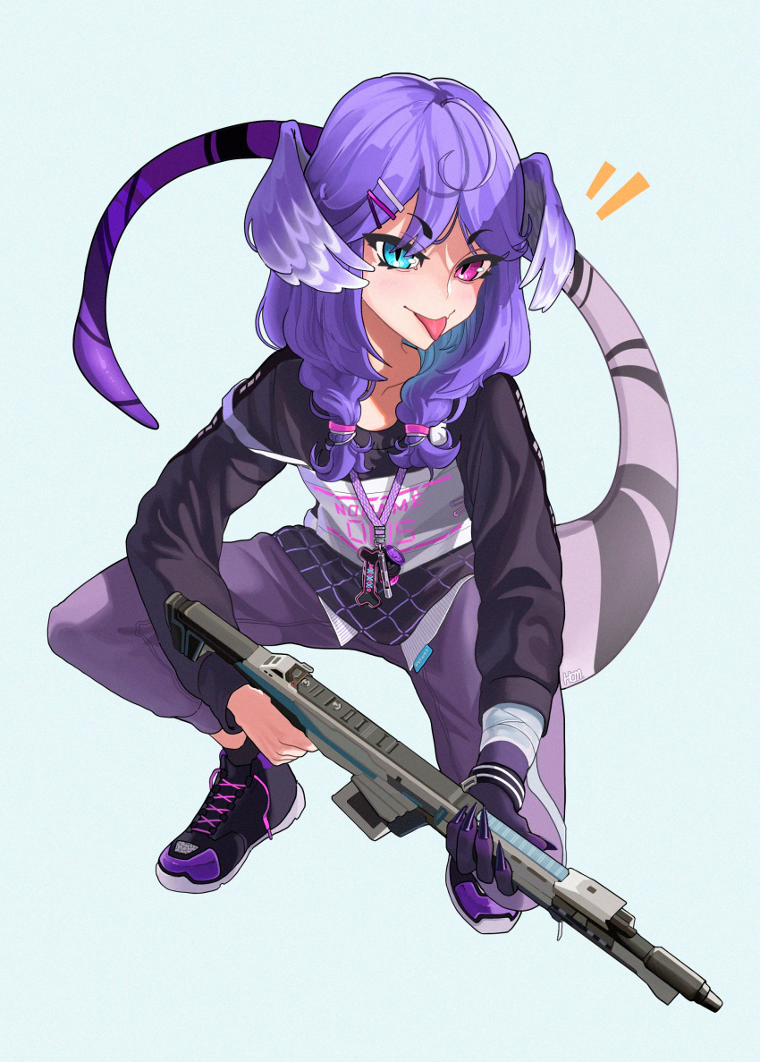 1girl, absurdres, apex_legends, assault_rifle, black_sweater, blue_eyes, braid, dragon_tail