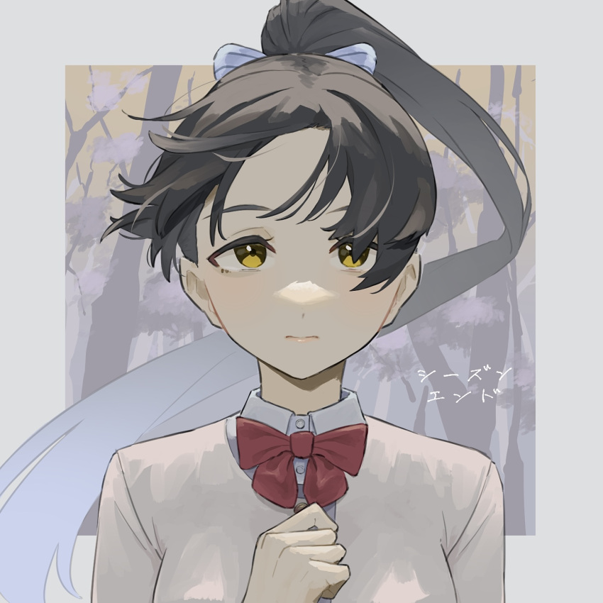 1girl, blue_bow, border, bow, bowtie, brown_hair, brown_sweater, closed_mouth