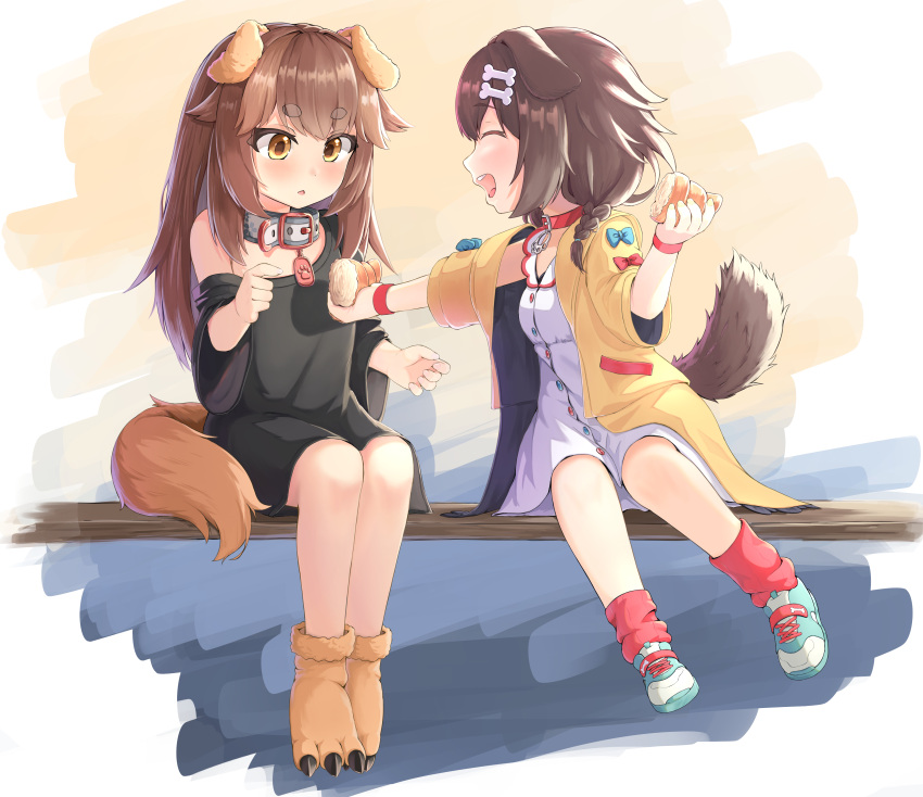 2girls, absurdres, animal_ears, black_shirt, blue_footwear, blush, bone_hair_ornament, braid, bread, brown_eyes, brown_footwear, brown_hair, cartoon_bone, character_request, closed_eyes, coat, dog_ears, dog_girl, dog_tail, dress, eyebrows, eyebrows_visible_through_hair, food, hair_ornament, hairclip, highres, hololive, inugami_korone, long_hair, looking_at_another, low_twin_braids, multiple_girls, nabe-san, no_pants, off_shoulder, open_mouth, paw_shoes, sharing_food, shirt, shoes, sitting, smile, socks, solo, tail, twin_braids, twintails, virtual_youtuber, white_dress, yellow_coat