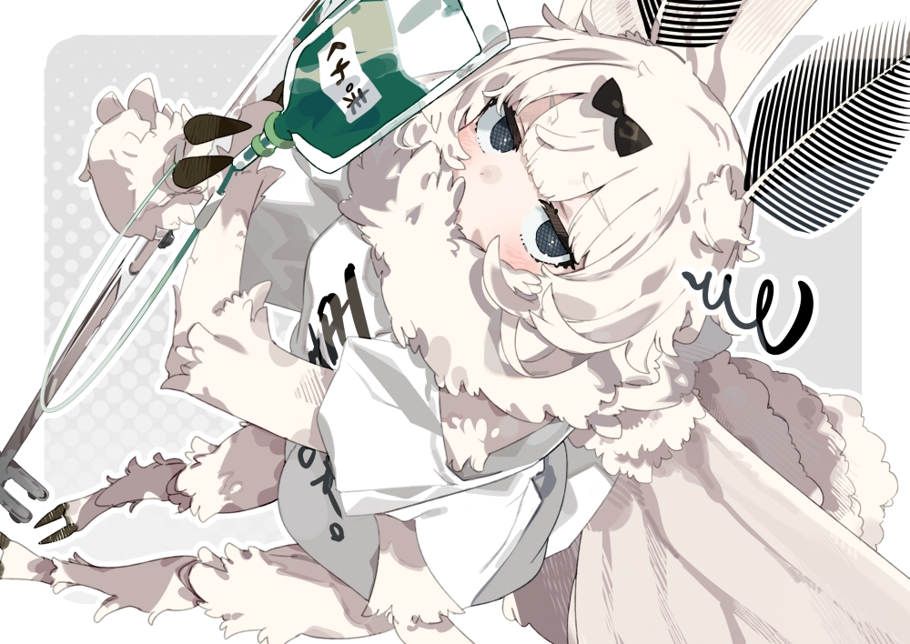 1girl, arthropod_girl, black_bow, blue_eyes, blush, borrowed_character, bow, clothes_writing