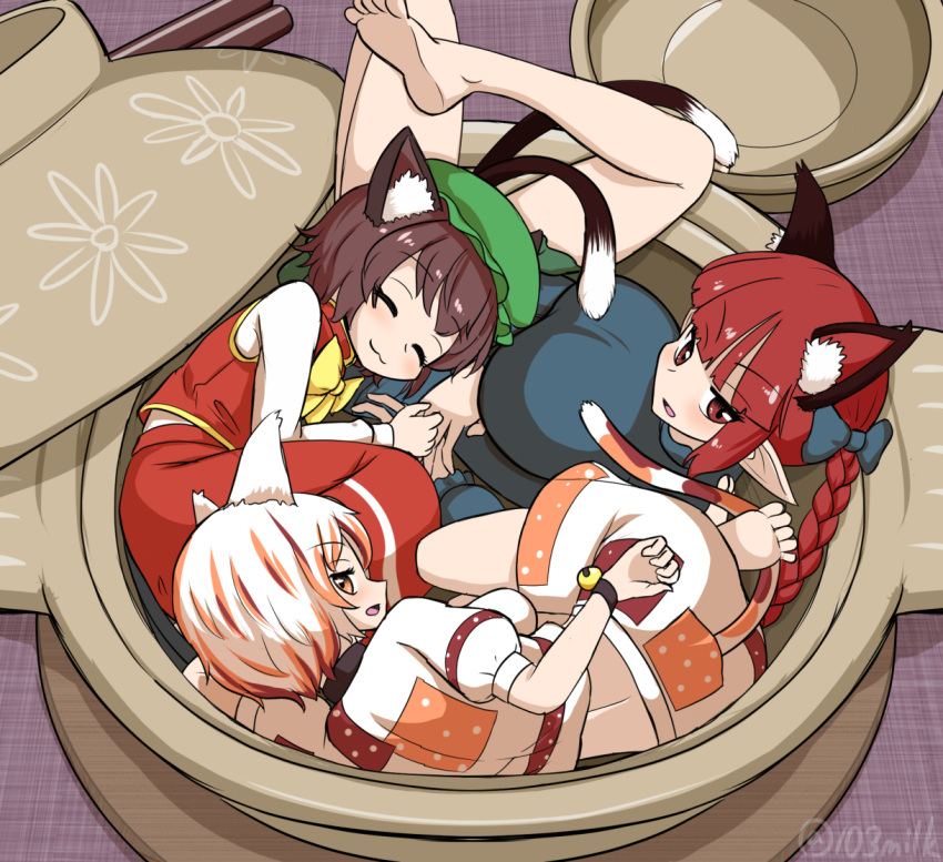 3girls, :3, animal_ear_fluff, animal_ears, ass, bangs, barefoot, bell