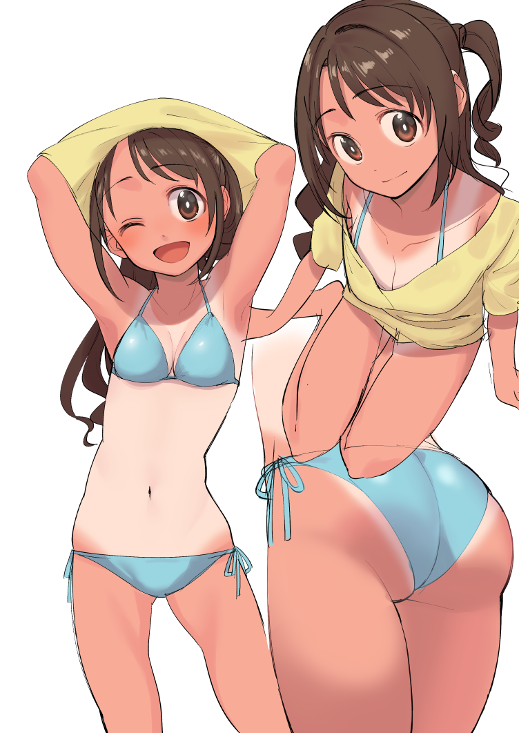 1girl, ass, bikini, bikini_under_clothes, blue_bikini, blush, breasts, brown_eyes, brown_hair, buta_tsuzumi, clothes_lift, eyebrows_visible_through_hair, idolmaster, idolmaster_cinderella_girls, lifted_by_self, long_hair, looking_at_viewer, looking_up, multiple_views, navel, one-piece_tan, one_eye_closed, open_mouth, shimamura_uzuki, shirt, shirt_lift, side-tie_bikini, side_ponytail, simple_background, sitting, smile, solo, standing, stomach, swimsuit, taking_off, tan, tanlines, undressing, white_background, yellow_shirt, yokozuwari, yoshiwo_(kanikama)