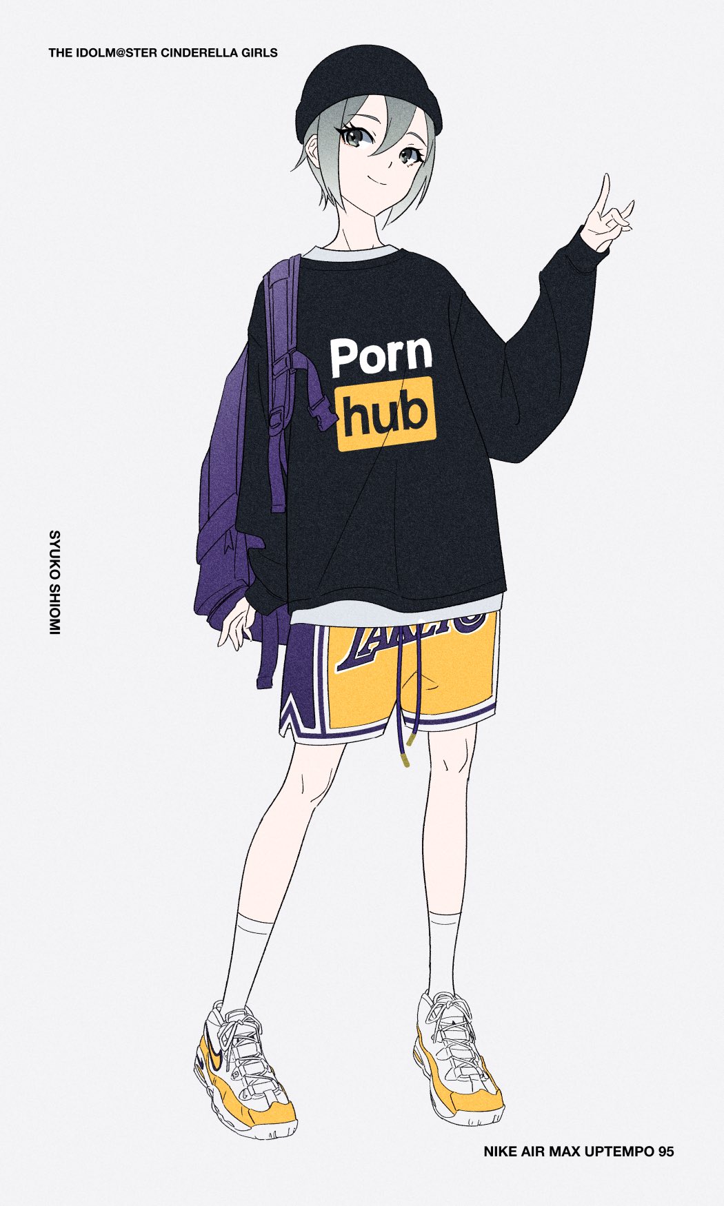 1girl, acubi_tomaranai, alternate_costume, backpack, bag, bangs, beanie, black_headwear