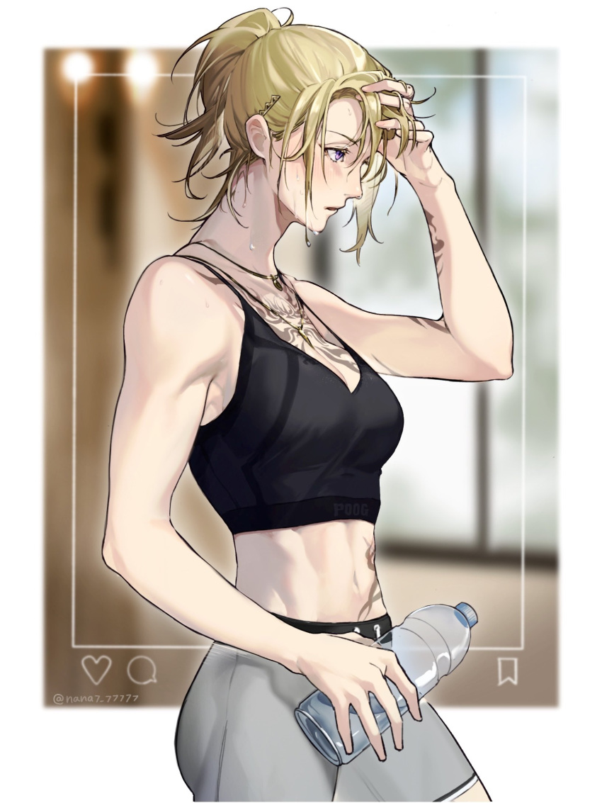 1girl, abs, arm_tattoo, bangs, bike_shorts, blonde_hair, blush, bottle