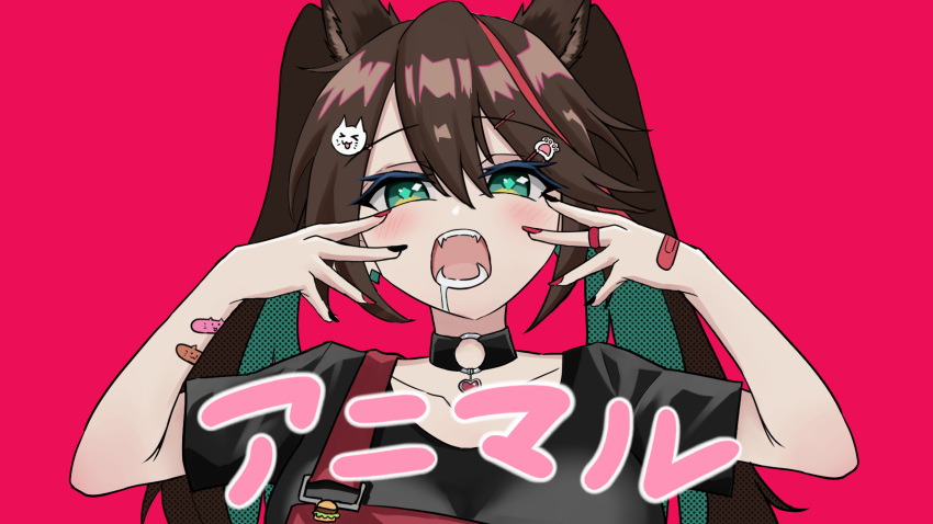 1girl, animal_(vocaloid), bangs, black_choker, black_shirt, brown_hair, cat_hair_ornament, choker, collarbone, colored_inner_hair, drooling, etna_crimson, fangs, green_eyes, green_hair, hair_ornament, highres, indonesian_commentary, kardia_(618099), multicolored_hair, nijisanji, nijisanji_id, o-ring, o-ring_choker, open_mouth, overalls, portrait, red_overalls, redhead, shirt, solo, streaked_hair, twintails