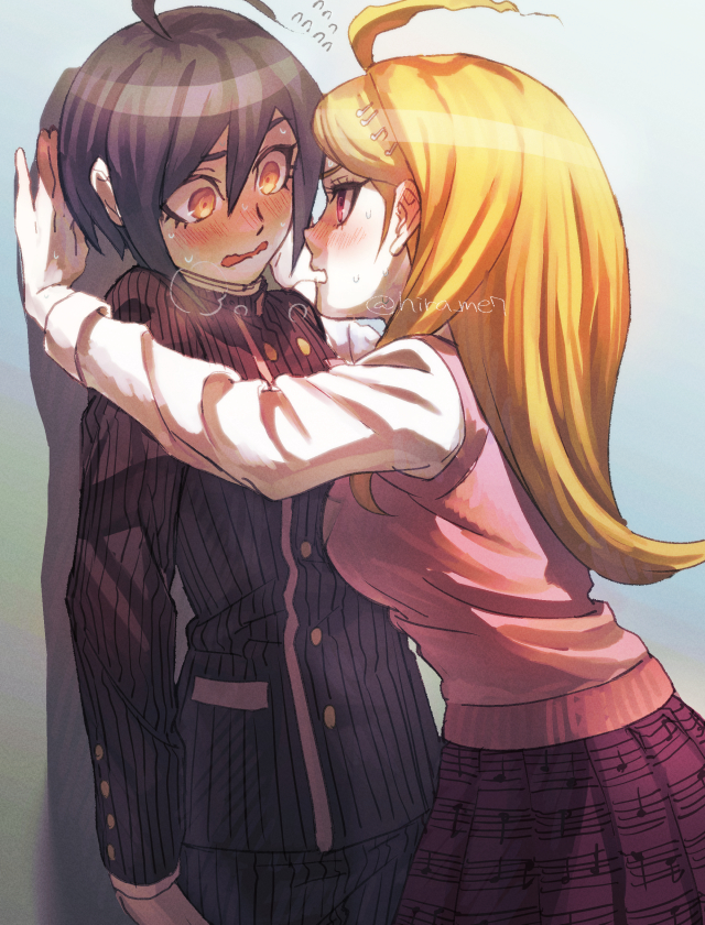 1boy, 1girl, ahoge, akamatsu_kaede, assertive_female, blonde_hair, blush, danganronpa_(series)