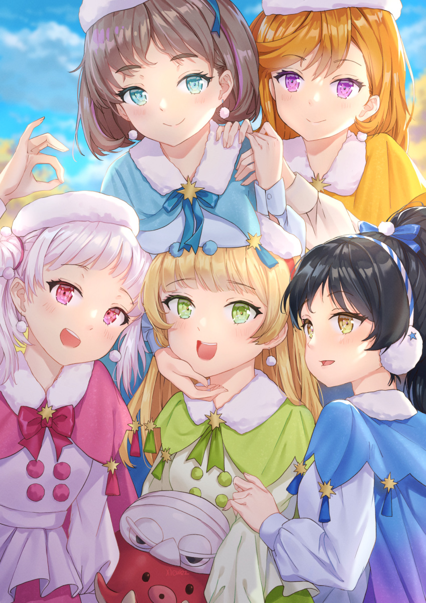 5girls, arashi_chisato, bangs, black_hair, blonde_hair, blue_eyes, clouds, cloudy_sky